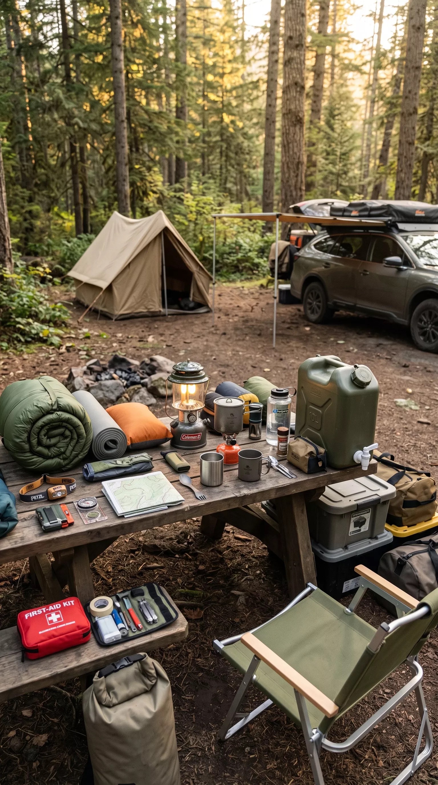 Camping gear arranged at a campsite