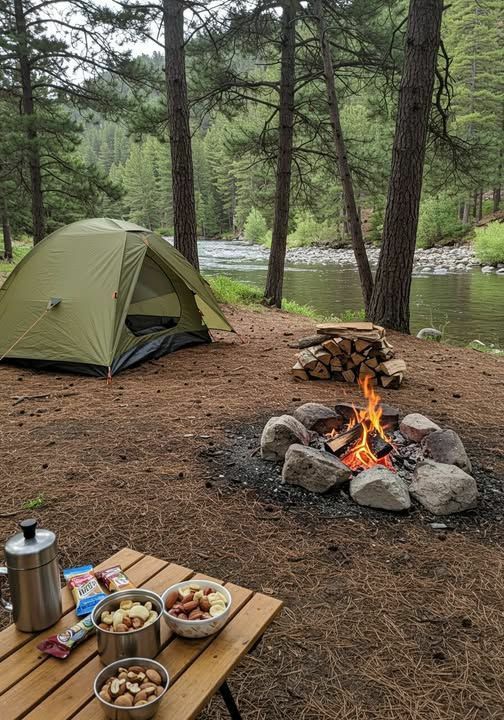 A riverside campsite with a tent and fire
